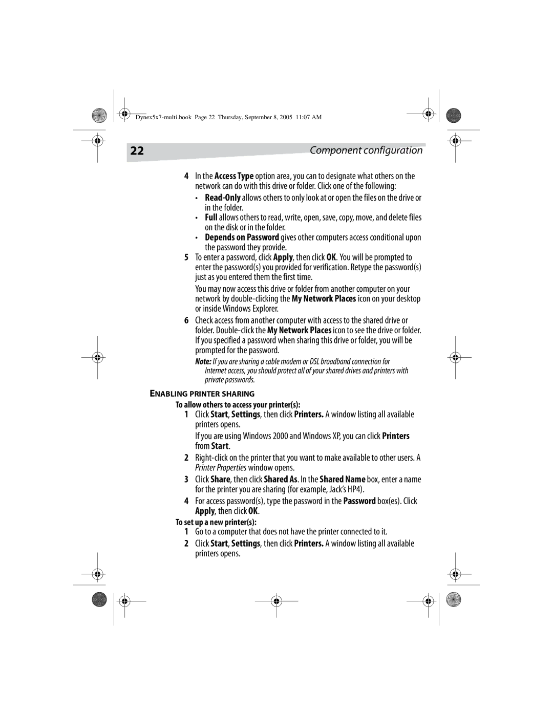 Dynex DX-E201 manual To allow others to access your printers, To set up a new printers, Enabling Printer Sharing 