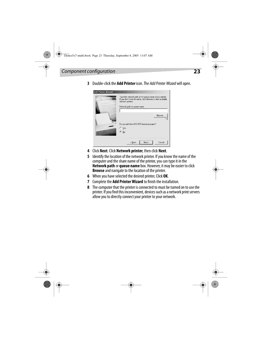 Dynex DX-E201 manual Click Next. Click Network printer, then click Next 