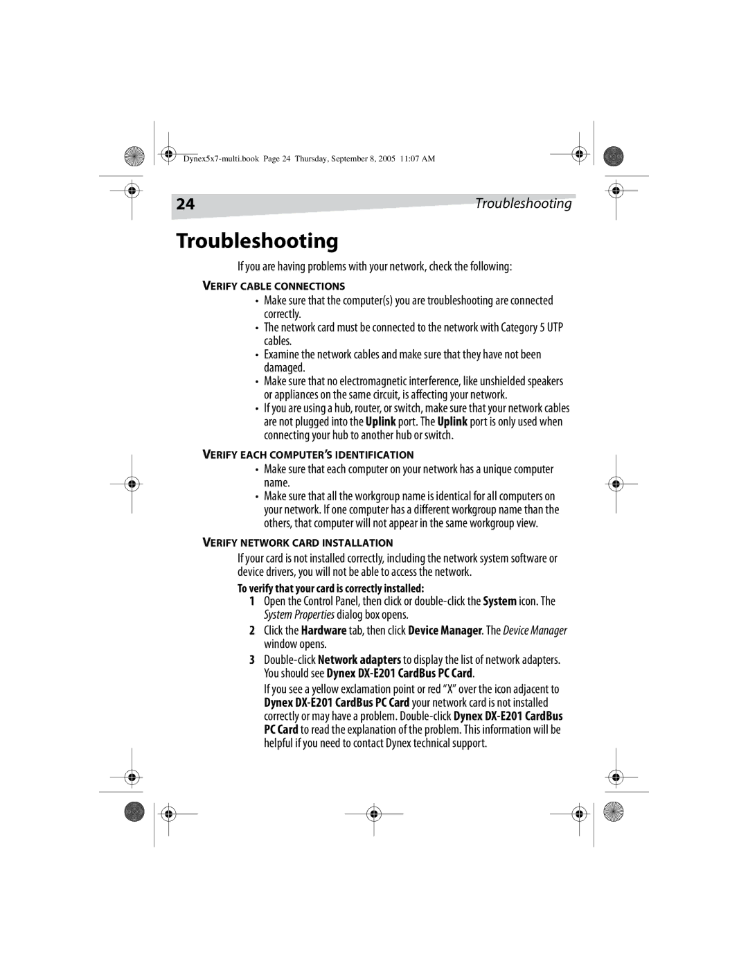 Dynex DX-E201 manual Troubleshooting, To verify that your card is correctly installed, Verify Cable Connections 