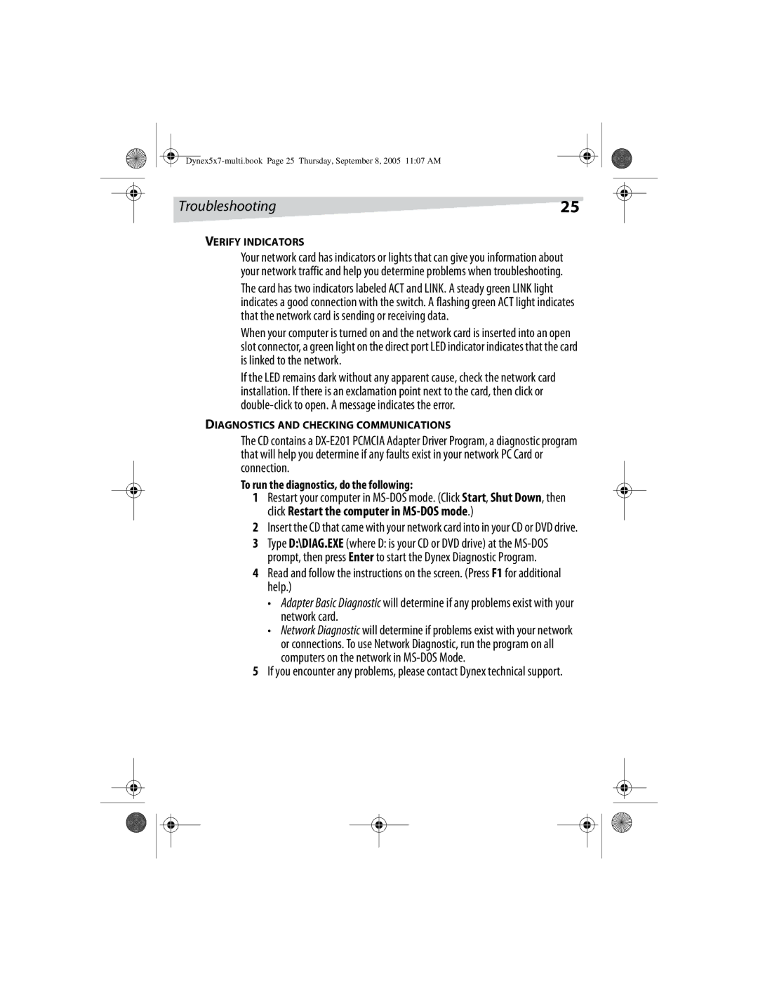 Dynex DX-E201 manual Computers on the network in MS-DOS Mode, To run the diagnostics, do the following, Verify Indicators 