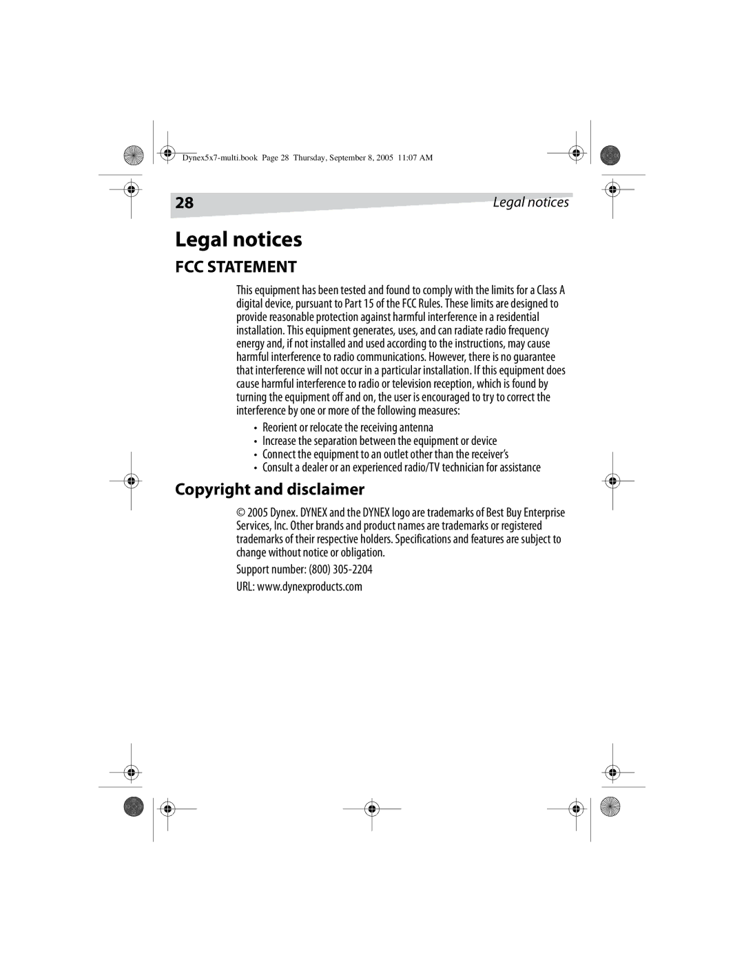 Dynex DX-E201 manual Legal notices, Copyright and disclaimer, Support number 800 