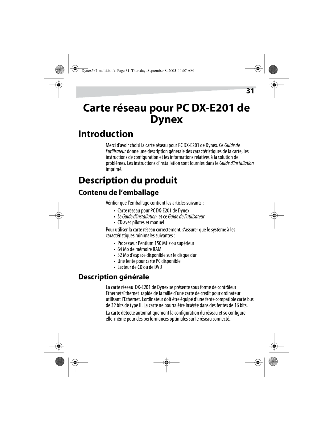 Dynex DX-E201 manual Introduction, Description du produit, Contenu de l’emballage, Description générale 