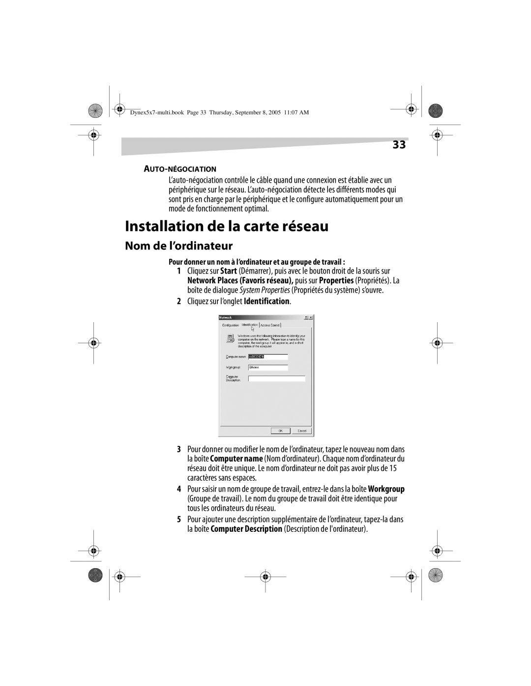 Dynex DX-E201 Installation de la carte réseau, Nom de l’ordinateur, Cliquez sur l’onglet Identification, Auto-Négociation 