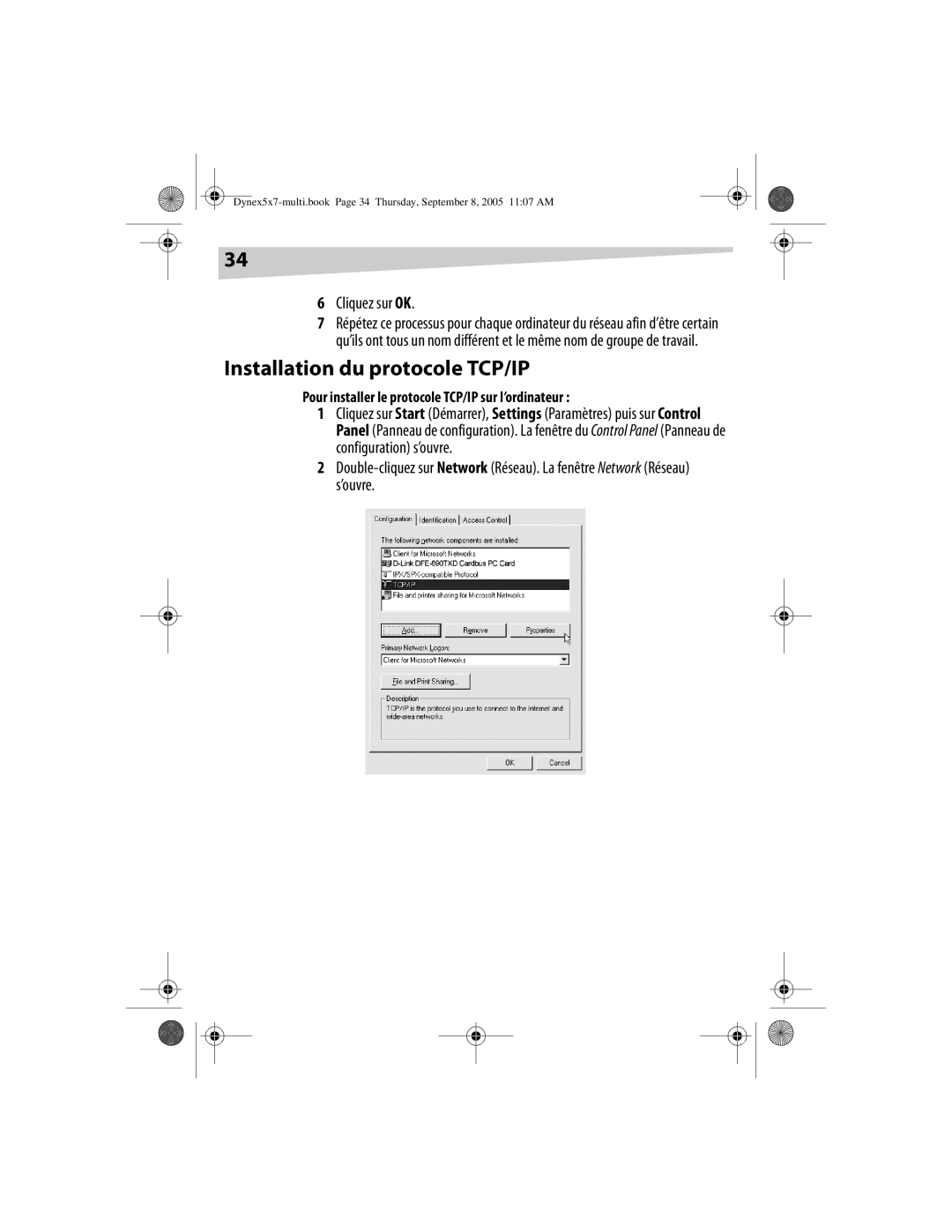 Dynex DX-E201 manual Installation du protocole TCP/IP, Cliquez sur OK, Pour installer le protocole TCP/IP sur l’ordinateur 