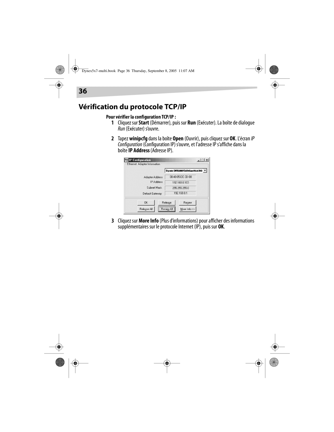 Dynex DX-E201 manual Vérification du protocole TCP/IP, Pour vérifier la configuration TCP/IP 