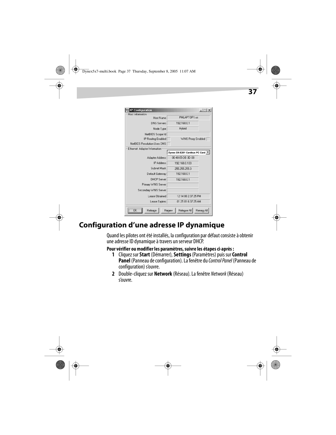 Dynex DX-E201 manual Configuration d’une adresse IP dynamique 