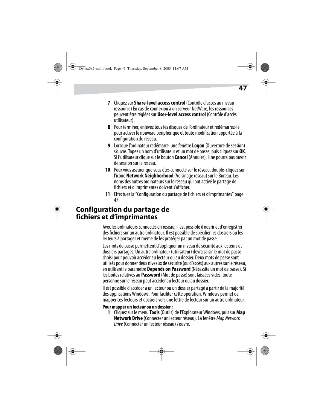 Dynex DX-E201 manual Configuration du partage de fichiers et d’imprimantes, Pour mapper un lecteur ou un dossier 