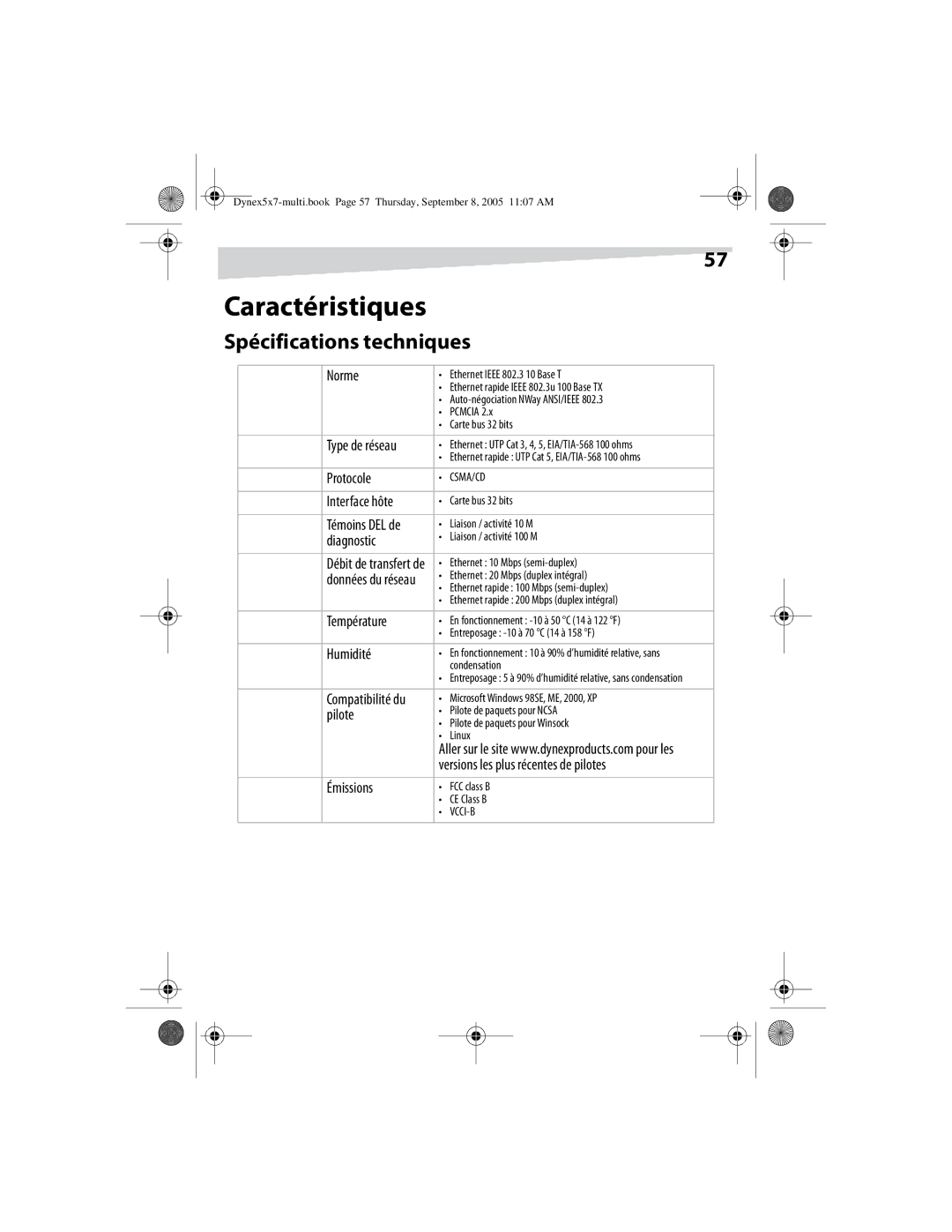 Dynex DX-E201 manual Caractéristiques, Spécifications techniques 