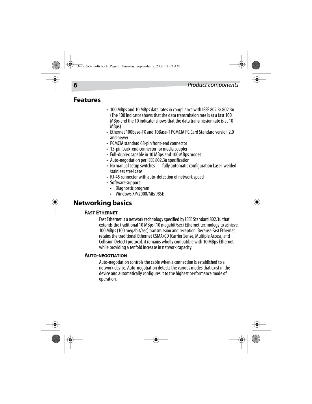 Dynex DX-E201 manual Features, Networking basics, Fast Ethernet, Auto-Negotiation 