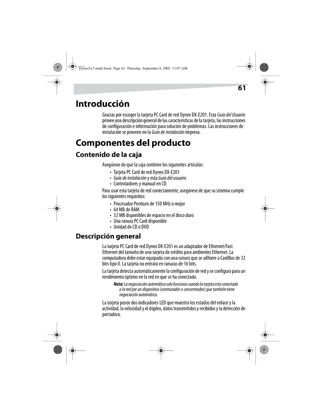 Dynex DX-E201 manual Introducción, Componentes del producto, Contenido de la caja, Descripción general 