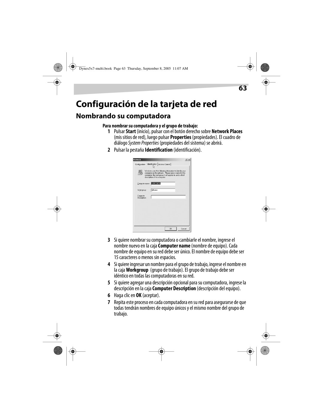 Dynex DX-E201 manual Configuración de la tarjeta de red, Nombrando su computadora, Haga clic en OK aceptar 