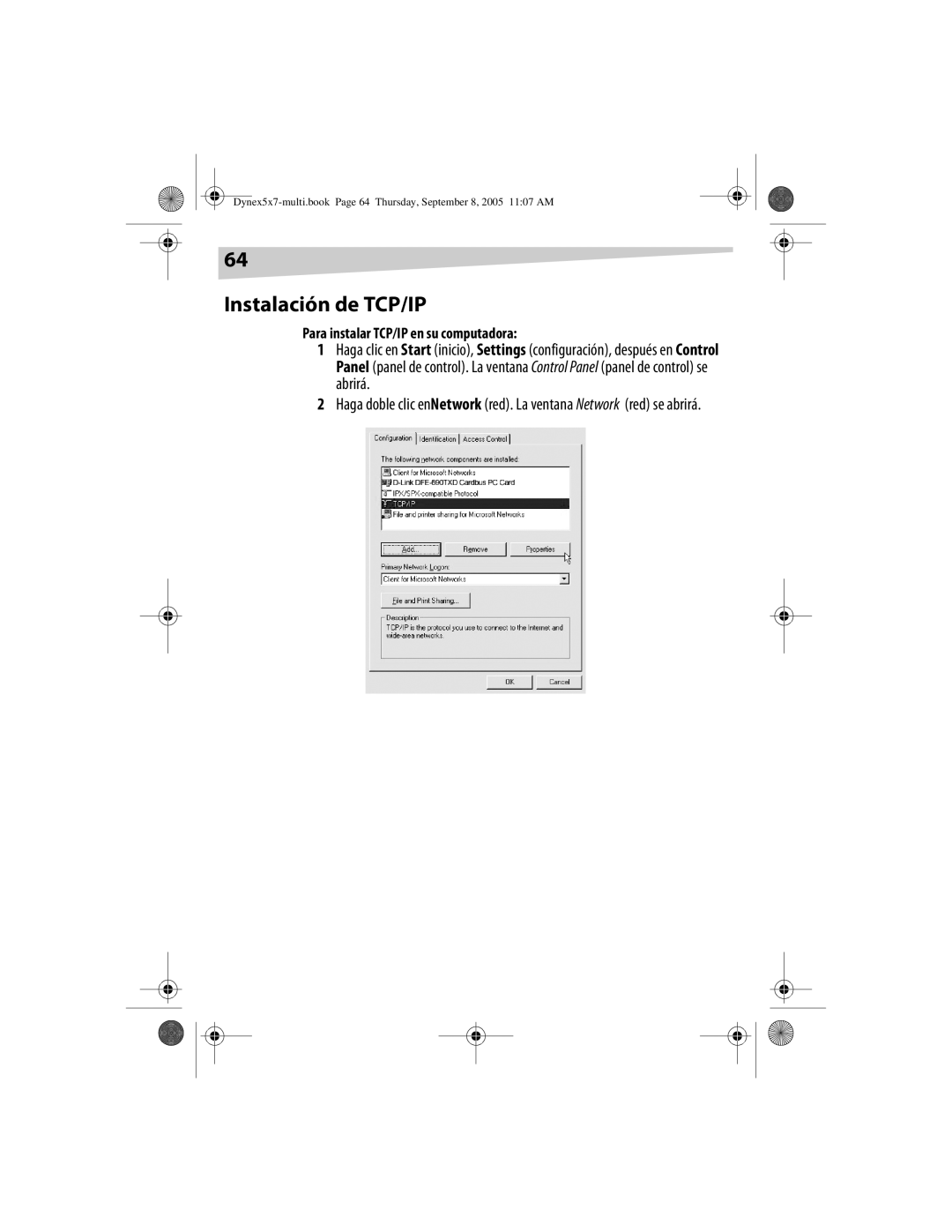 Dynex DX-E201 manual Instalación de TCP/IP, Para instalar TCP/IP en su computadora 