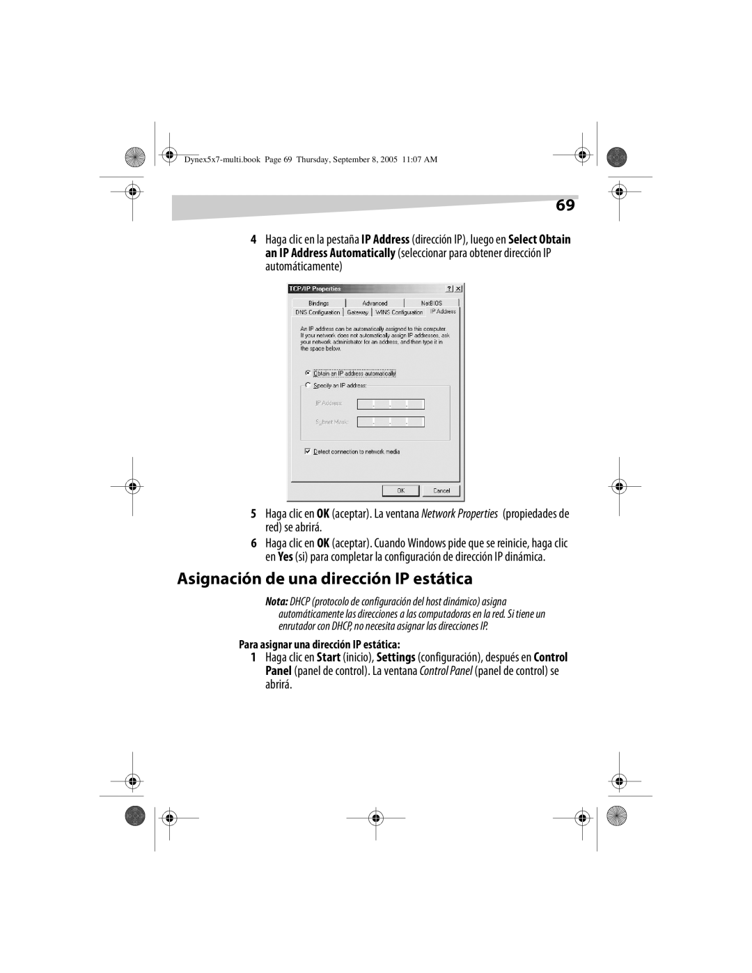 Dynex DX-E201 manual Asignación de una dirección IP estática, Para asignar una dirección IP estática 