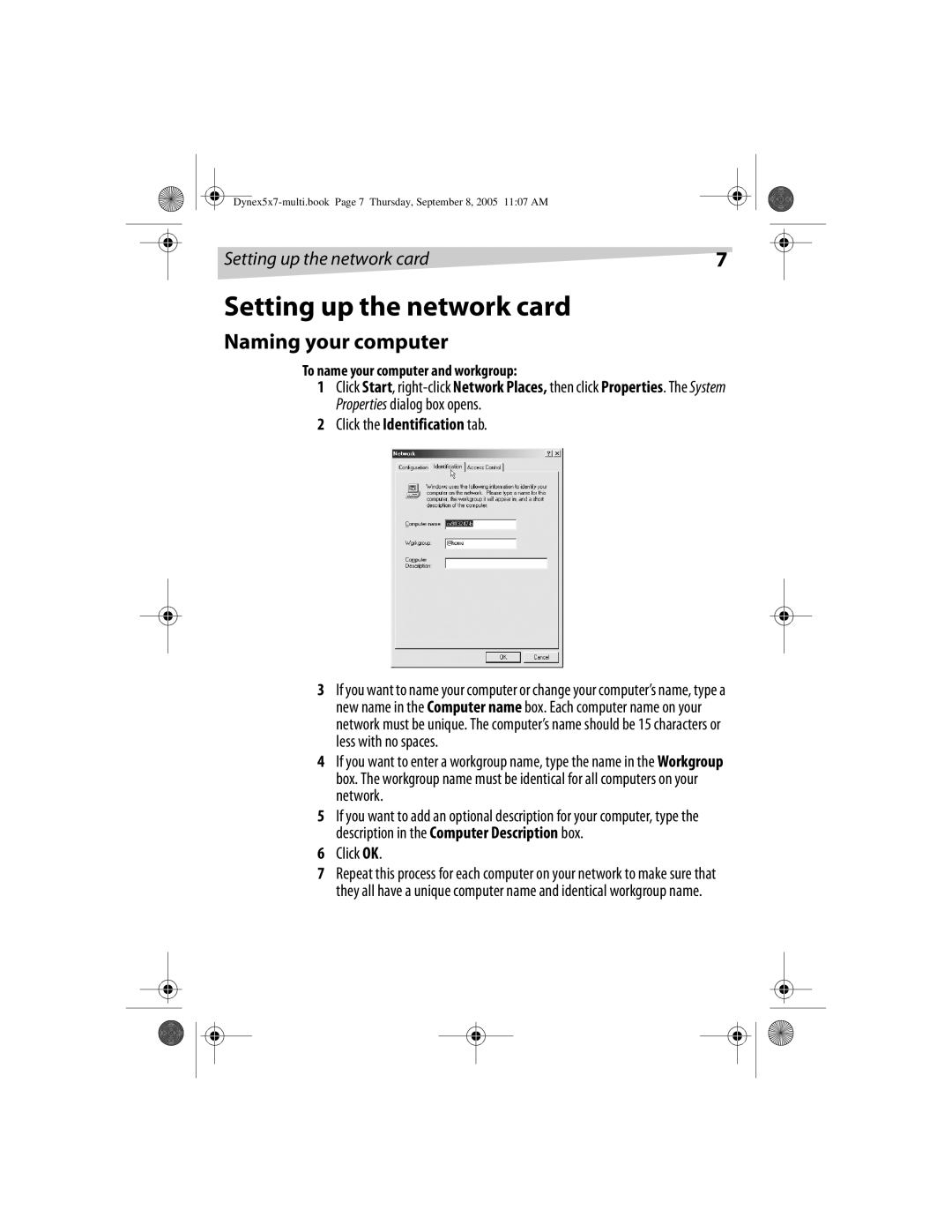 Dynex DX-E201 manual Setting up the network card, Naming your computer, Click OK, To name your computer and workgroup 