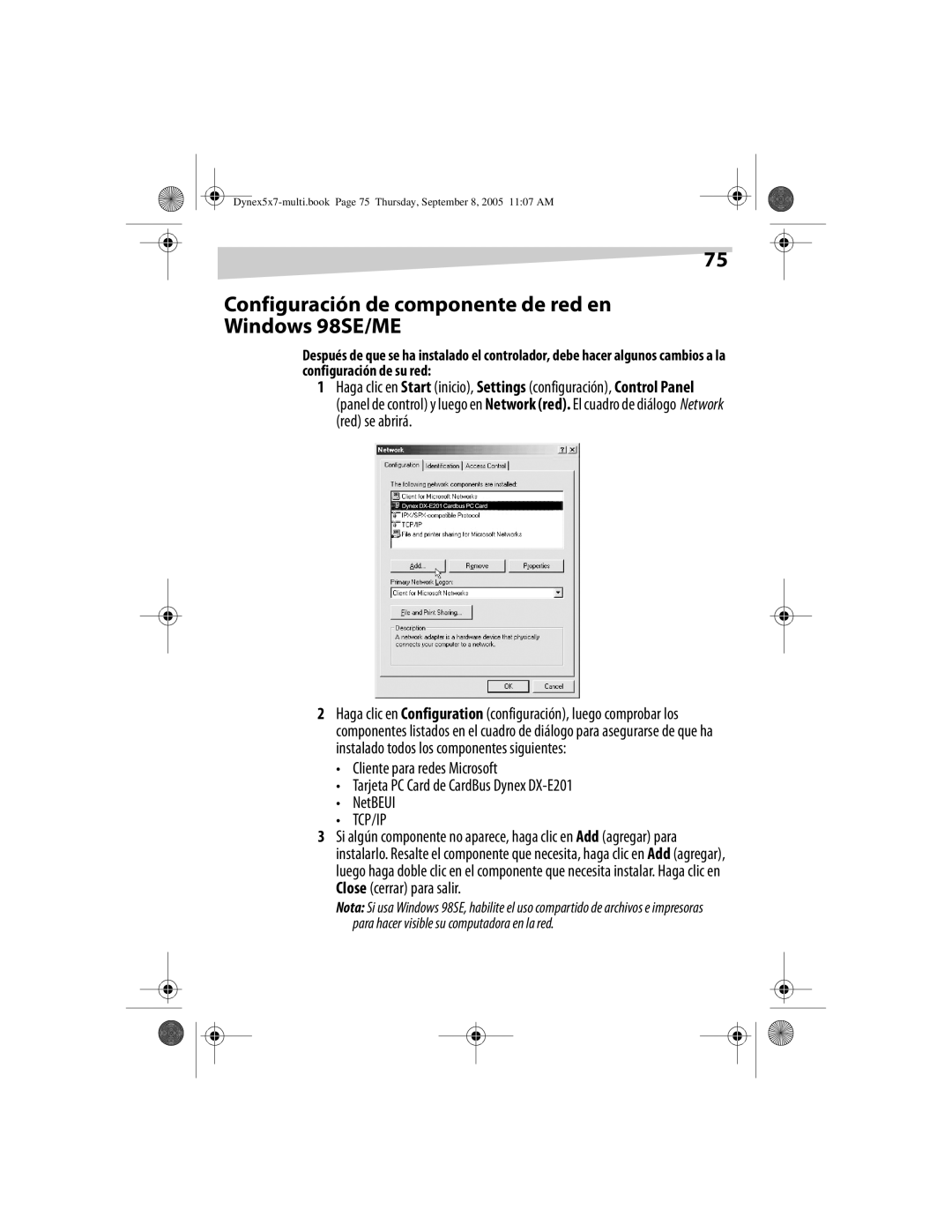 Dynex DX-E201 manual Configuración de componente de red en Windows 98SE/ME 