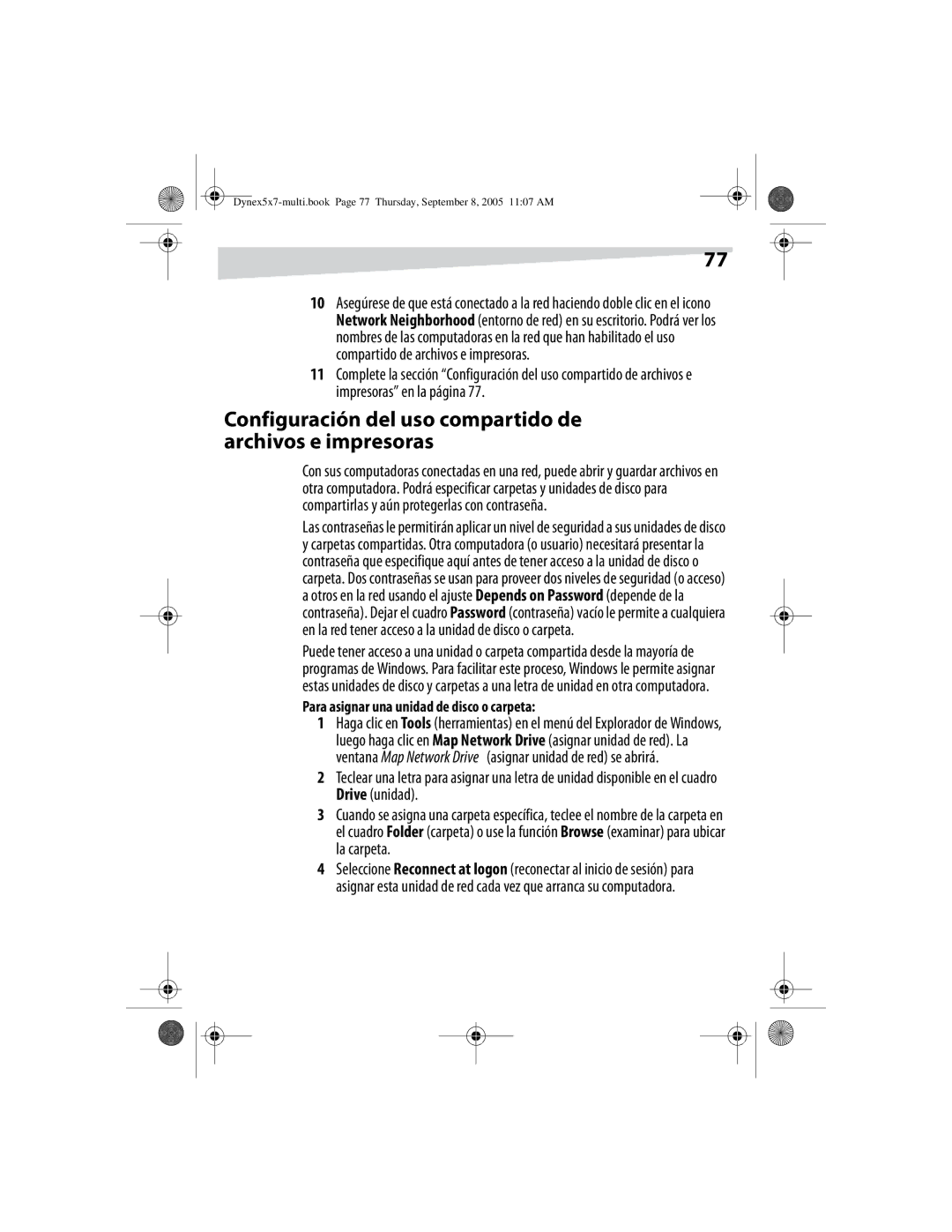 Dynex DX-E201 manual Configuración del uso compartido de archivos e impresoras, Para asignar una unidad de disco o carpeta 