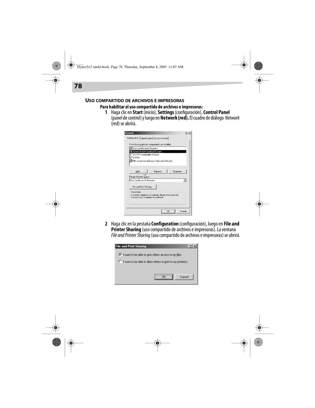 Dynex DX-E201 manual Para habilitar el uso compartido de archivos e impresoras, USO Compartido DE Archivos E Impresoras 