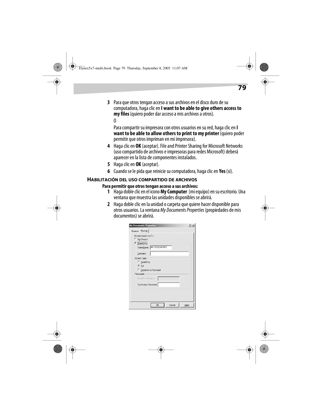 Dynex DX-E201 manual Para permitir que otros tengan acceso a sus archivos, Habilitación DEL USO Compartido DE Archivos 