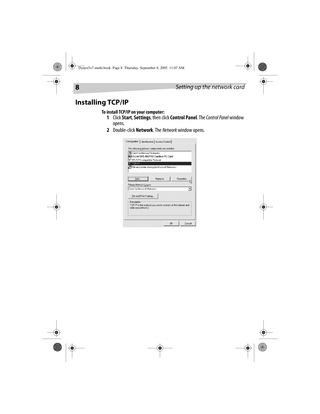 Dynex DX-E201 manual Installing TCP/IP, Double-click Network. The Network window opens, To install TCP/IP on your computer 