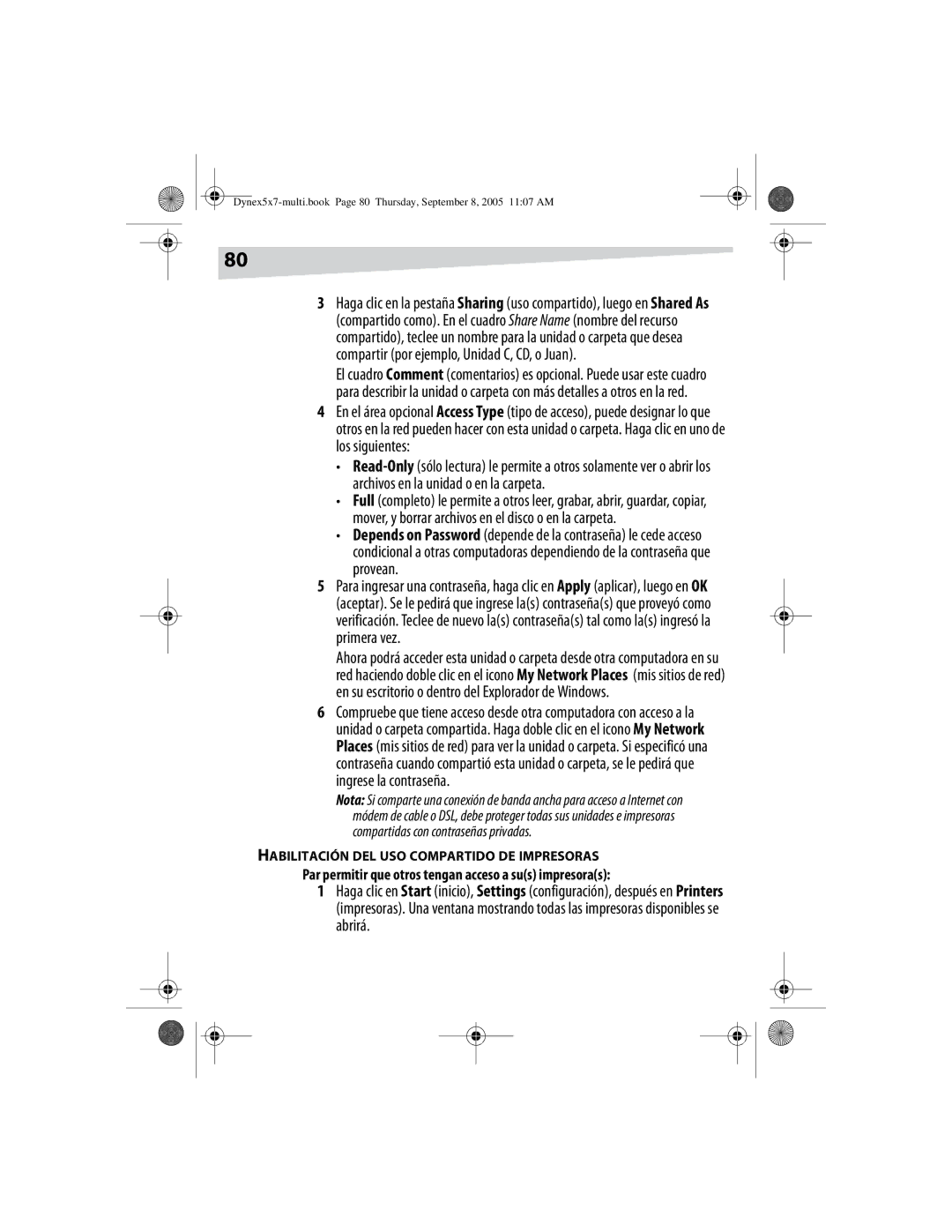 Dynex DX-E201 manual Par permitir que otros tengan acceso a sus impresoras, Habilitación DEL USO Compartido DE Impresoras 