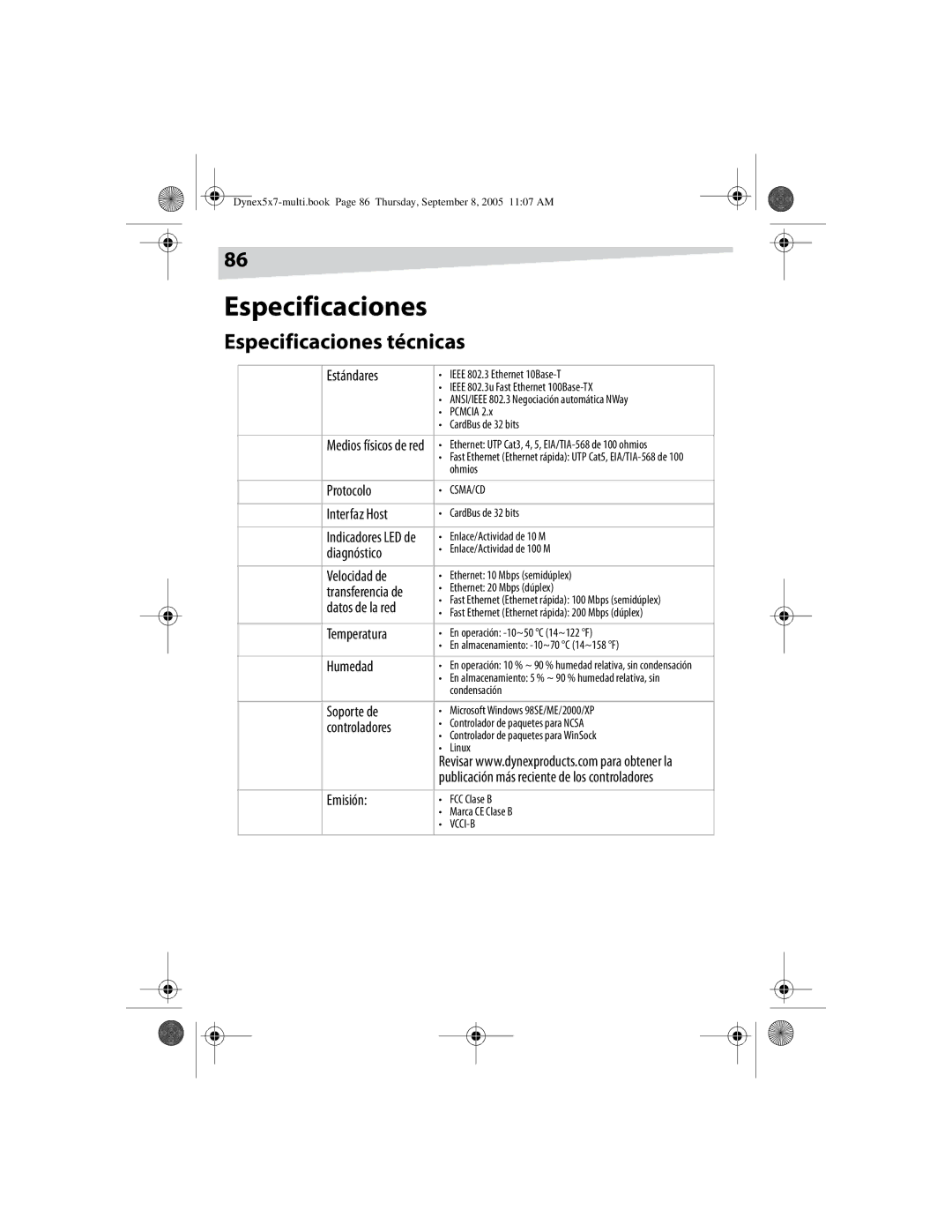 Dynex DX-E201 manual Especificaciones técnicas 