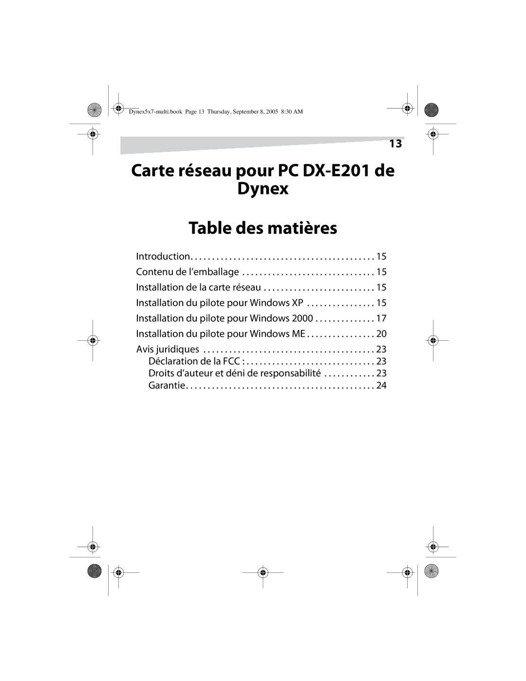 Dynex manual Carte réseau pour PC DX-E201 de Dynex Table des matières 