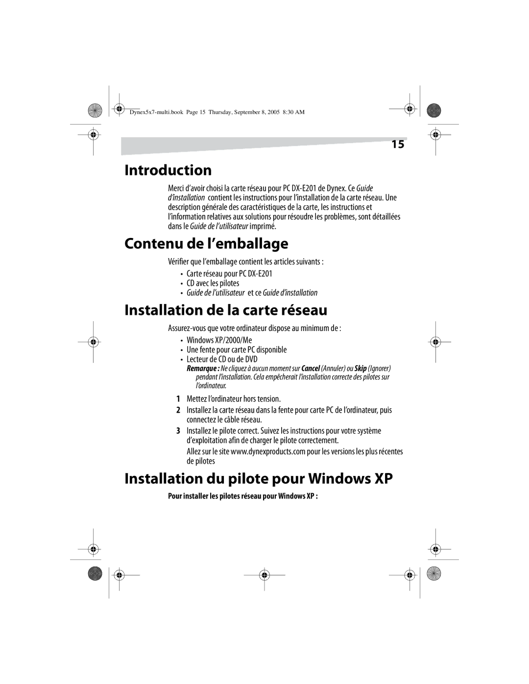 Dynex DX-E201 manual Contenu de l’emballage, Installation de la carte réseau, Installation du pilote pour Windows XP 