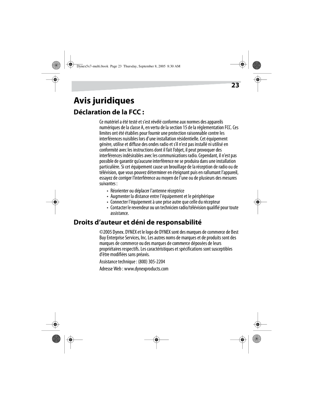 Dynex DX-E201 manual Avis juridiques, Déclaration de la FCC, Droits d’auteur et déni de responsabilité 