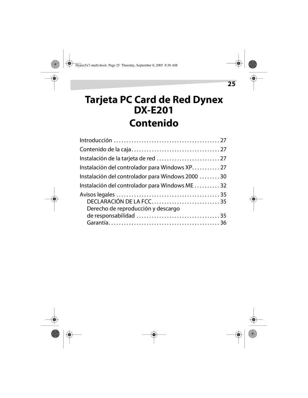 Dynex manual Tarjeta PC Card de Red Dynex DX-E201 Contenido 