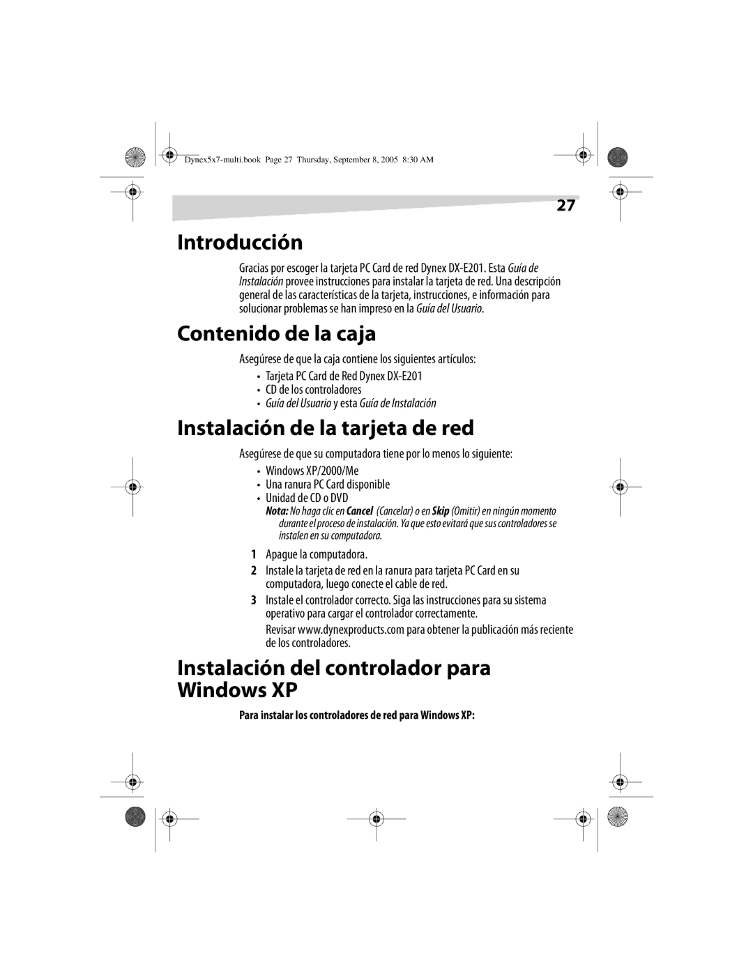 Dynex DX-E201 manual Introducción, Contenido de la caja, Instalación de la tarjeta de red 