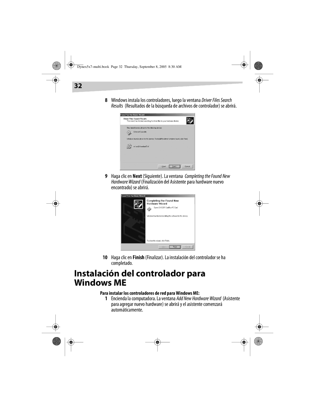 Dynex DX-E201 manual Instalación del controlador para Windows ME, Para instalar los controladores de red para Windows ME 