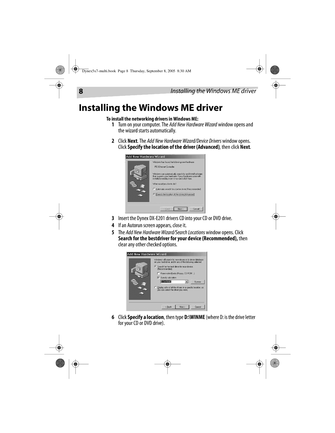 Dynex DX-E201 manual Installing the Windows ME driver, To install the networking drivers in Windows ME 