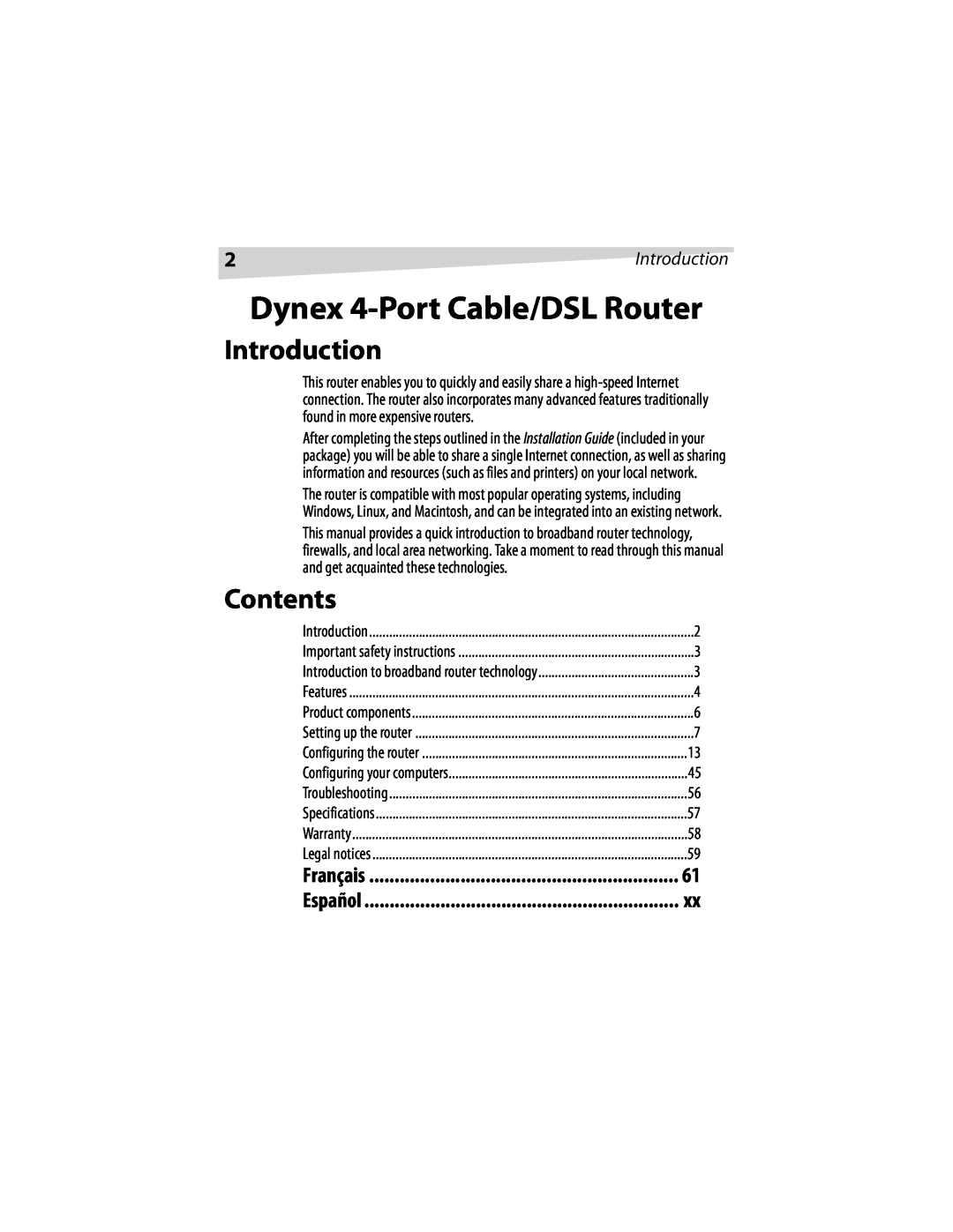 Dynex DX-E401 manual Introduction, Contents, Dynex 4-Port Cable/DSL Router, Français, Español 