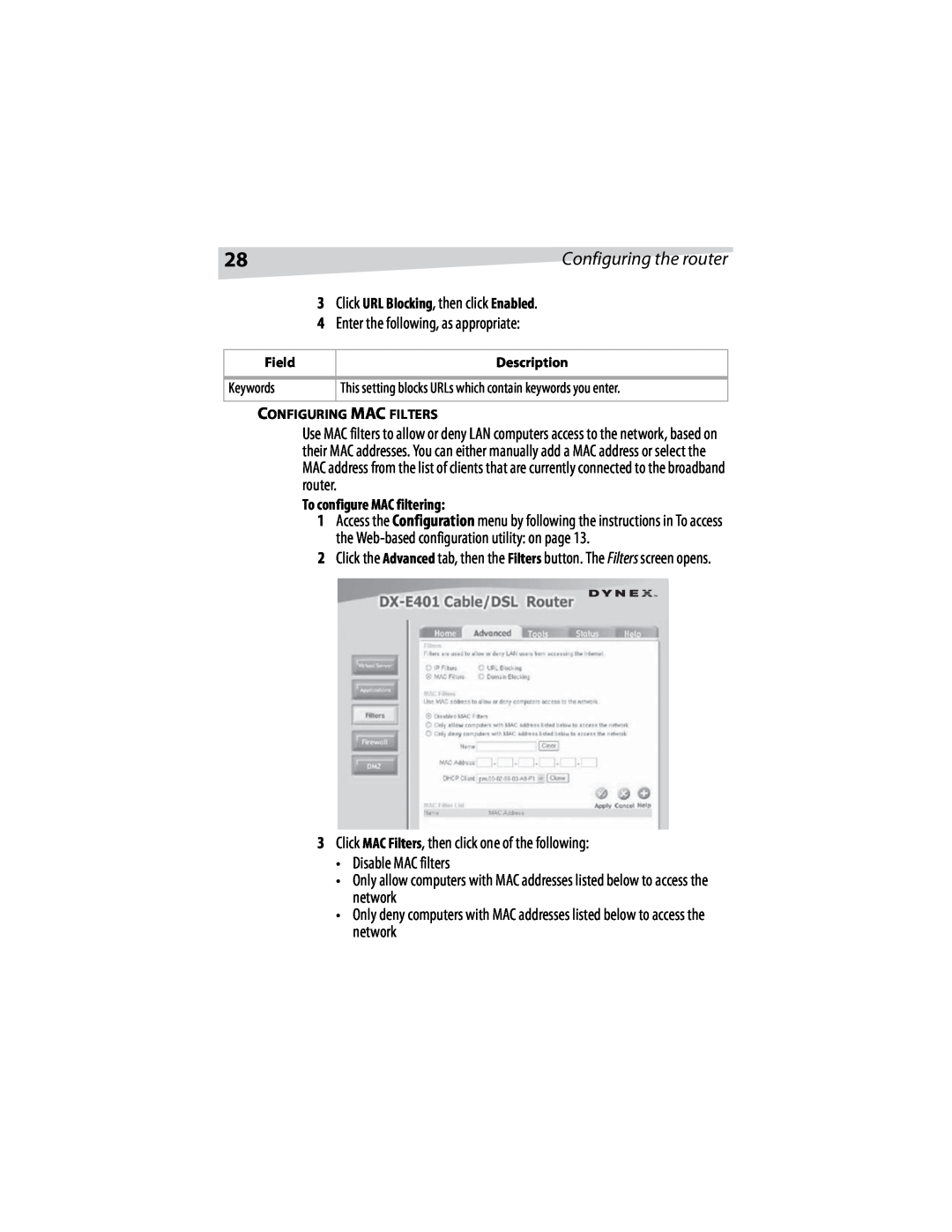 Dynex DX-E401 manual To configure MAC filtering, Configuring the router, Keywords 