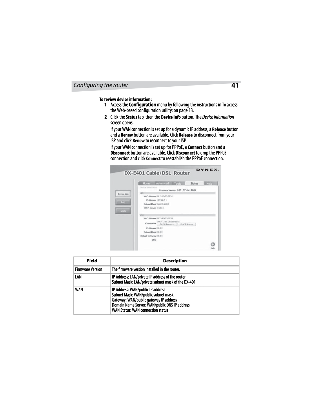 Dynex DX-E401 manual To review device information, Configuring the router 