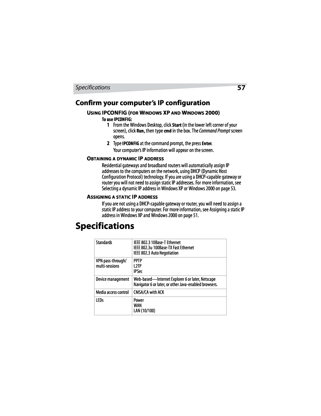 Dynex DX-E401 manual Specifications, Confirm your computer’s IP configuration, To use IPCONFIG 