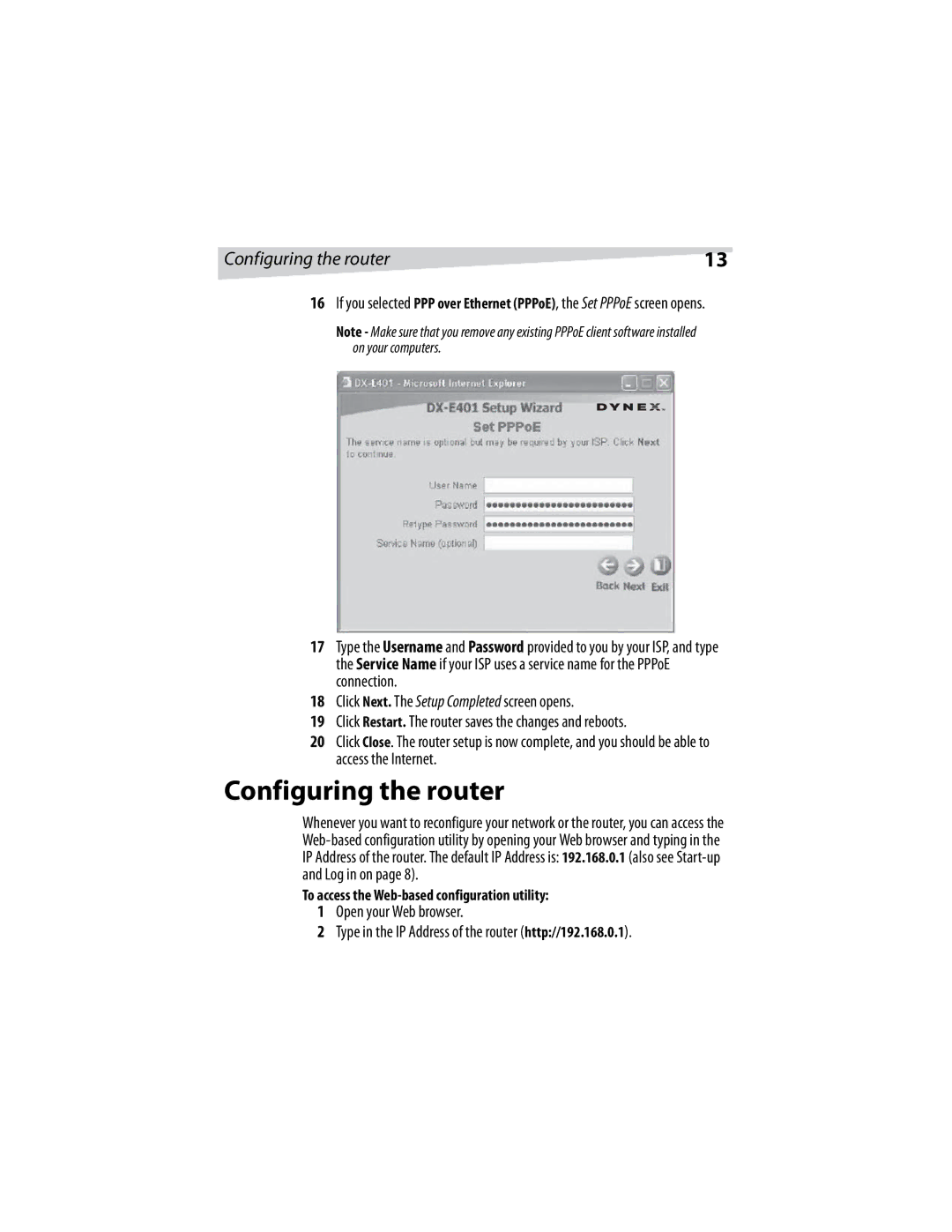 Dynex DX-E401 manual Configuring the router, To access the Web-based configuration utility 