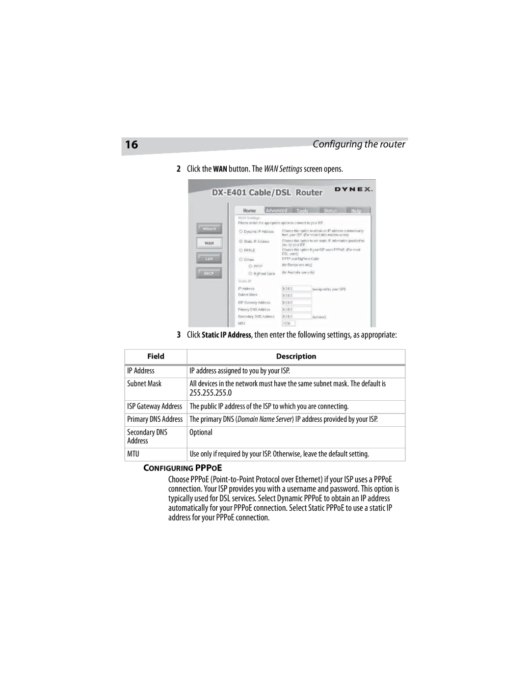 Dynex DX-E401 manual 255.255.255.0, Optional, Address, Configuring Pppoe 