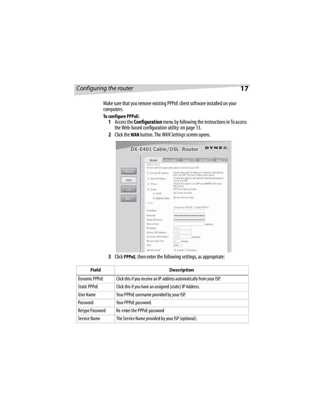 Dynex DX-E401 manual Click the WAN button. The WAN Settings screen opens, To configure PPPoE, Re-enter the PPPoE password 