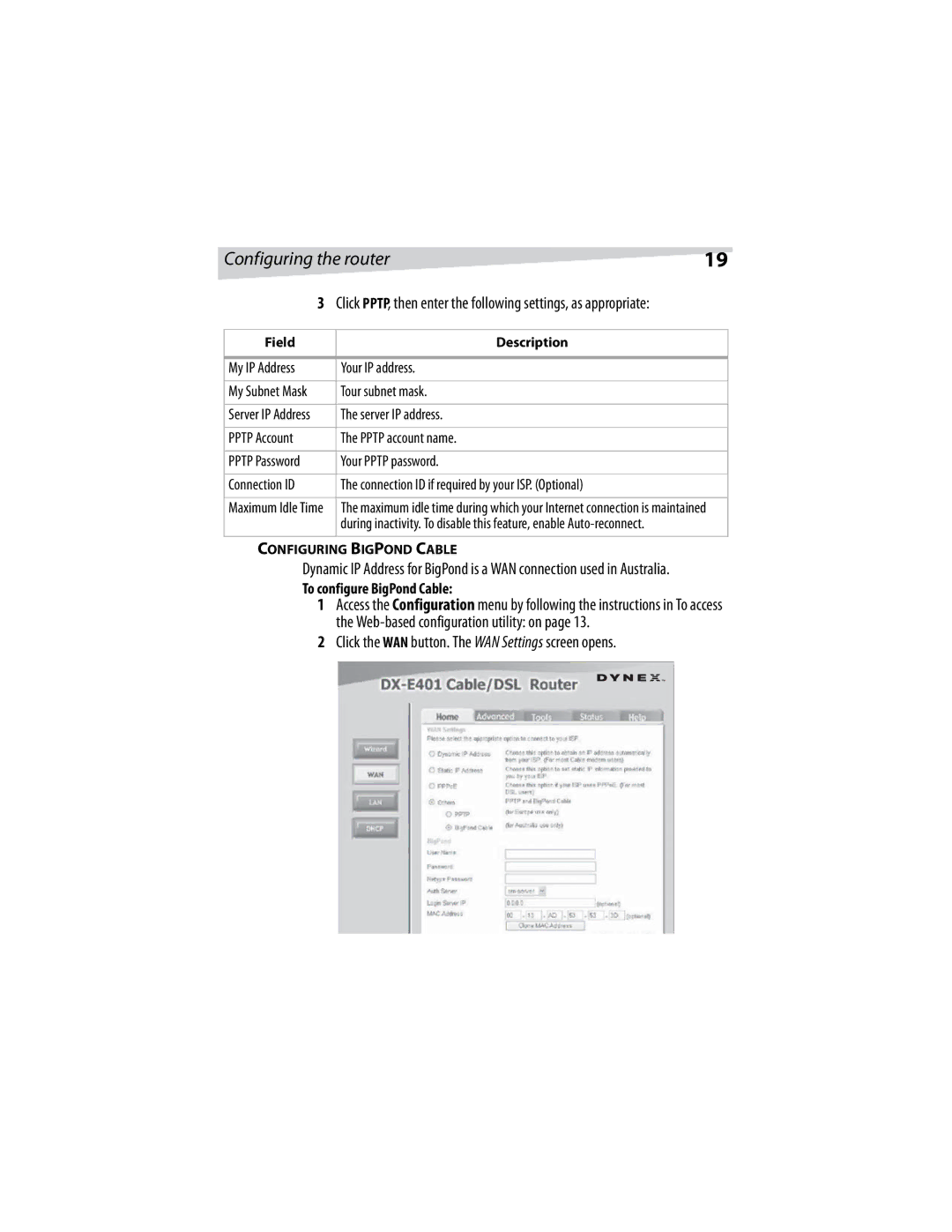 Dynex DX-E401 manual To configure BigPond Cable 