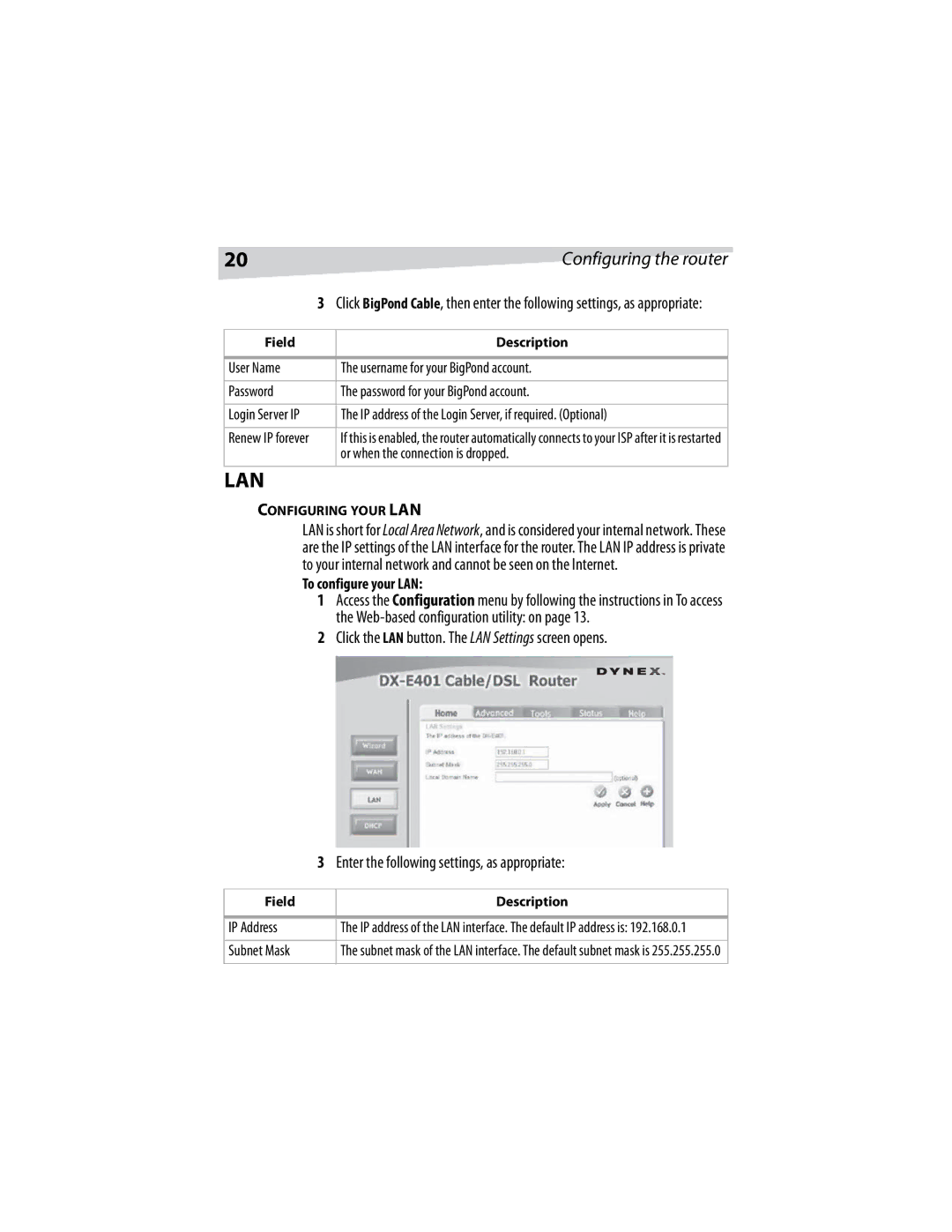 Dynex DX-E401 manual Click the LAN button. The LAN Settings screen opens, Or when the connection is dropped, IP Address 