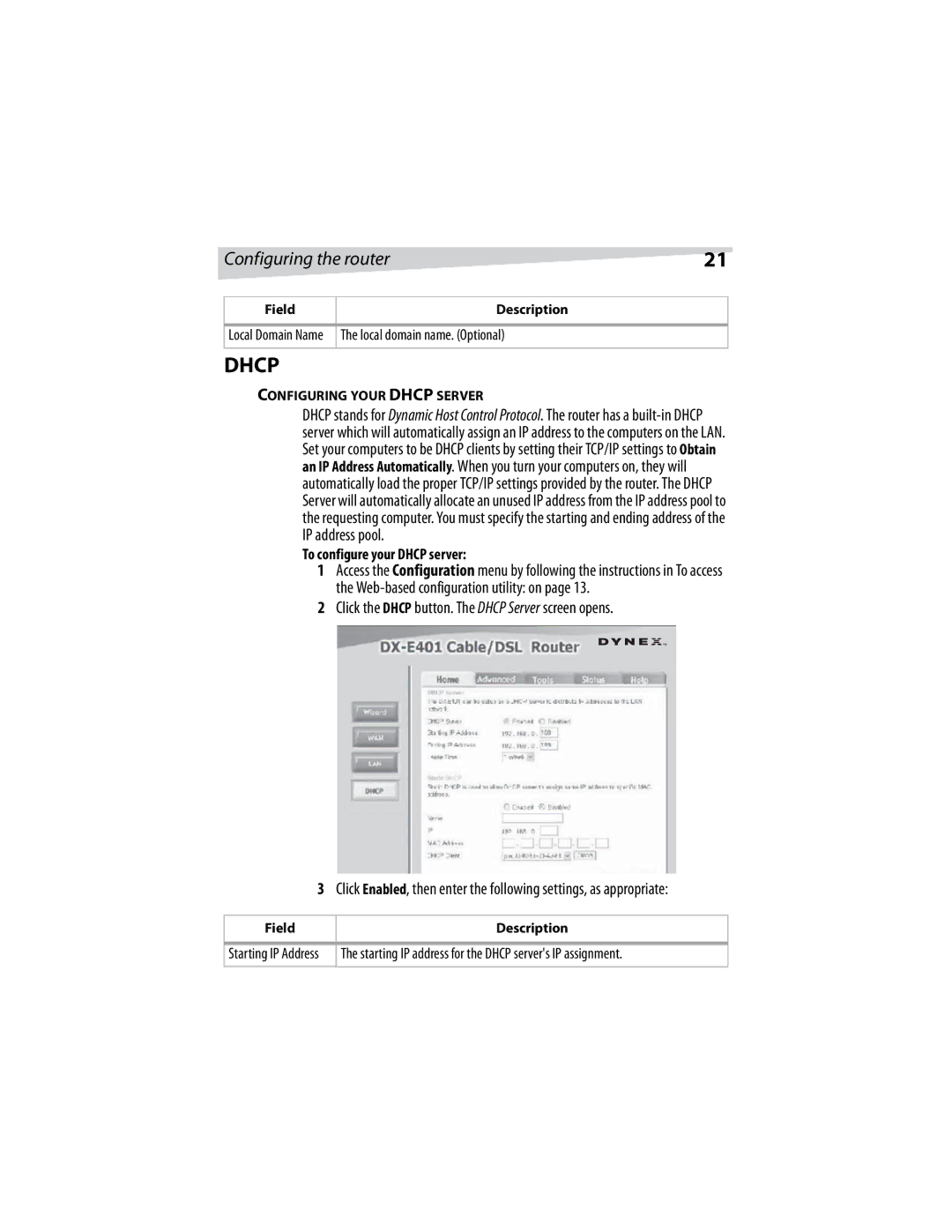 Dynex DX-E401 manual Local domain name. Optional, To configure your Dhcp server, Configuring Your Dhcp Server 