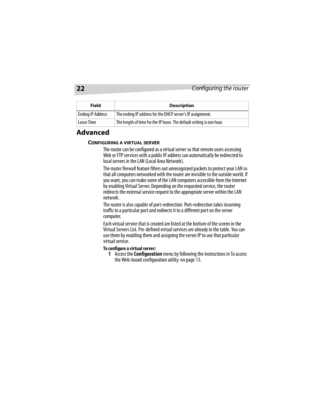 Dynex DX-E401 manual Advanced, Lease Time, To configure a virtual server, Configuring a Virtual Server 
