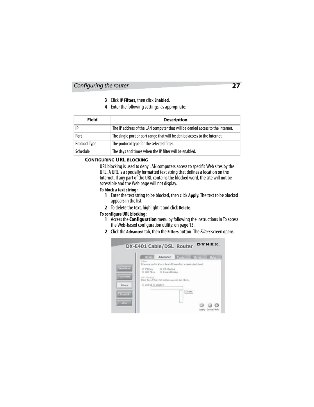 Dynex DX-E401 manual To block a text string, To configure URL blocking, Configuring URL Blocking 