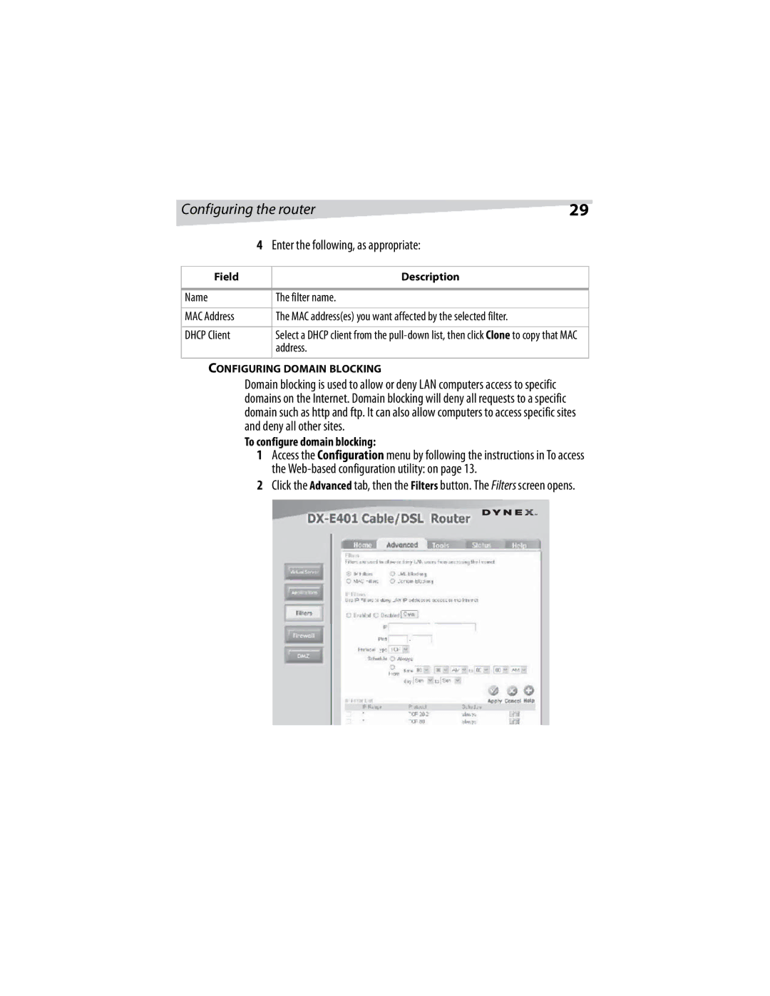 Dynex DX-E401 manual Name Filter name, Dhcp Client, To configure domain blocking, Configuring Domain Blocking 