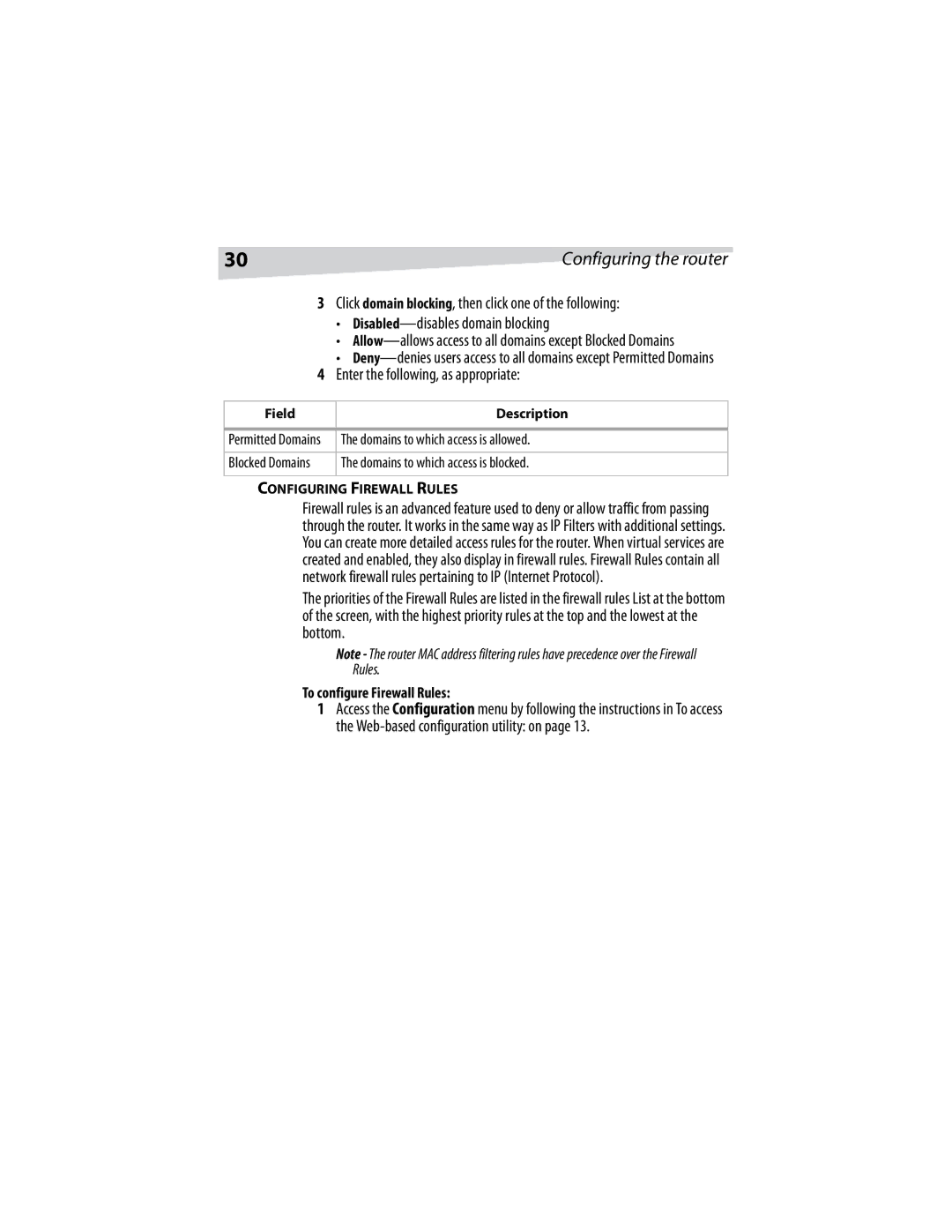 Dynex DX-E401 manual Domains to which access is allowed, Domains to which access is blocked, To configure Firewall Rules 