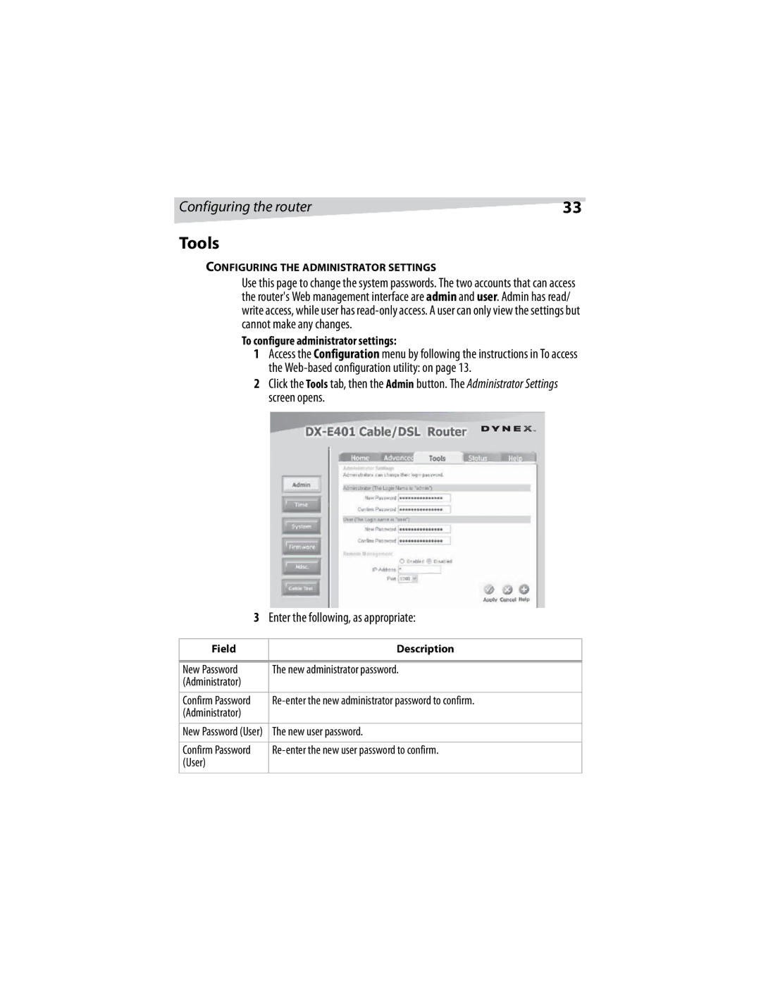 Dynex DX-E401 manual Tools, To configure administrator settings 