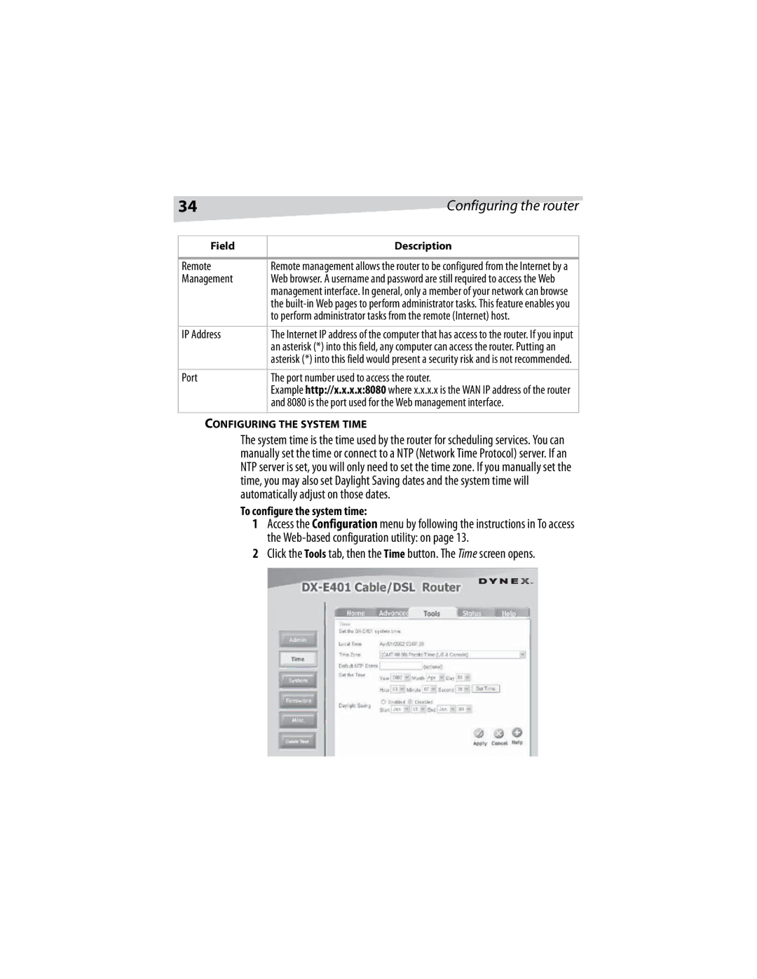 Dynex DX-E401 manual Remote, Management, Port Port number used to access the router, To configure the system time 