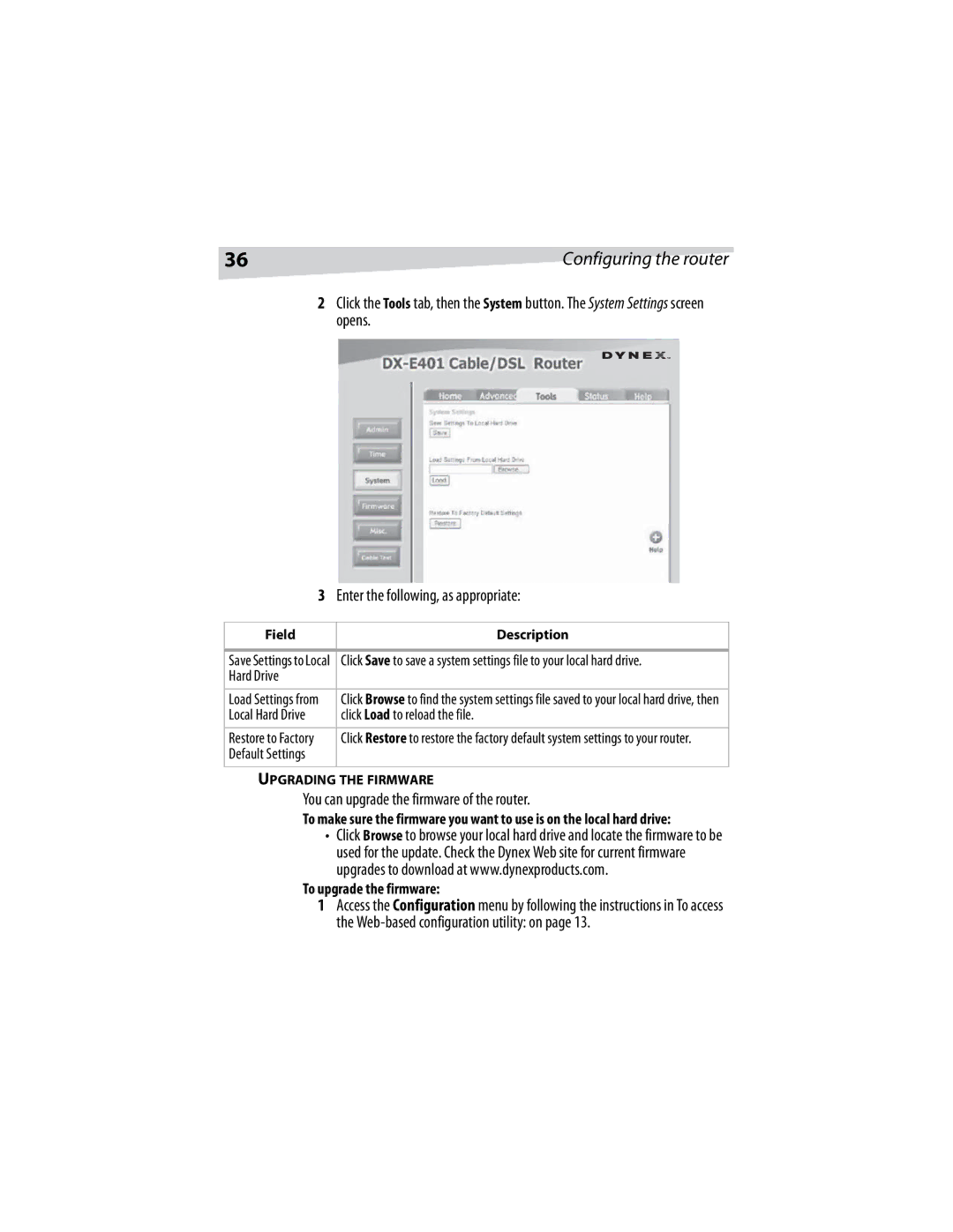 Dynex DX-E401 manual You can upgrade the firmware of the router, Hard Drive, Click Load to reload the file 