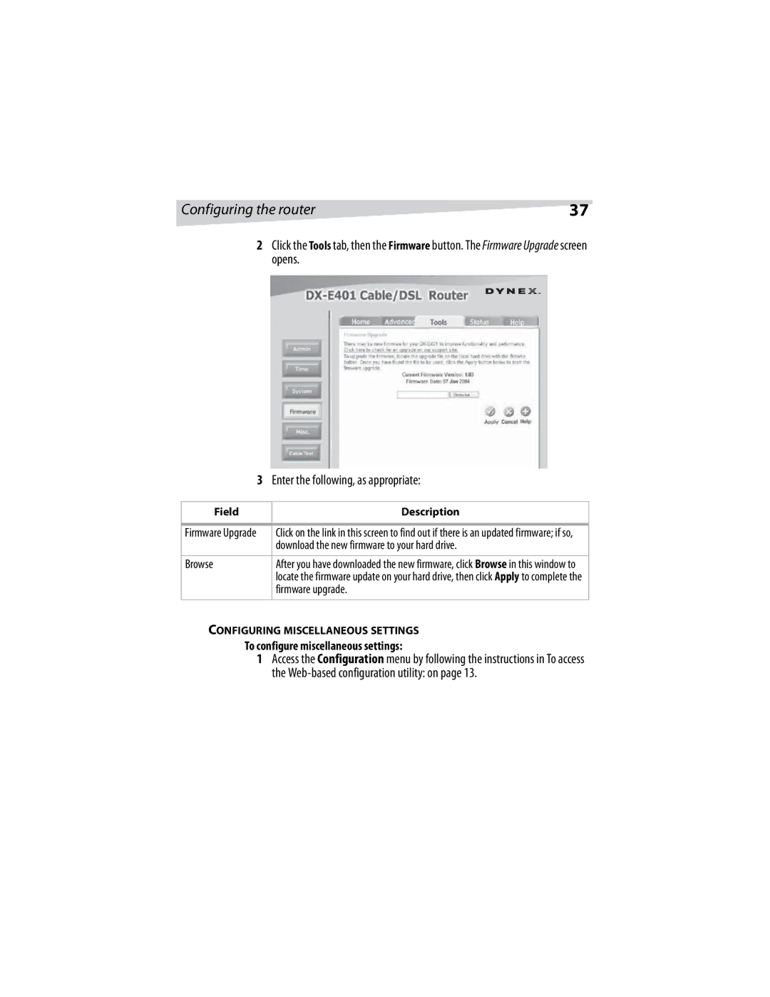 Dynex DX-E401 Download the new firmware to your hard drive, Browse, Firmware upgrade, To configure miscellaneous settings 